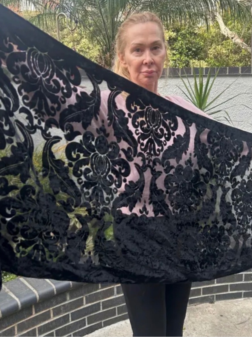 Gorgeous Black Velvet Scarf, Semi Sheer, Burn out, Fringed, Piano Scarf, Damask
